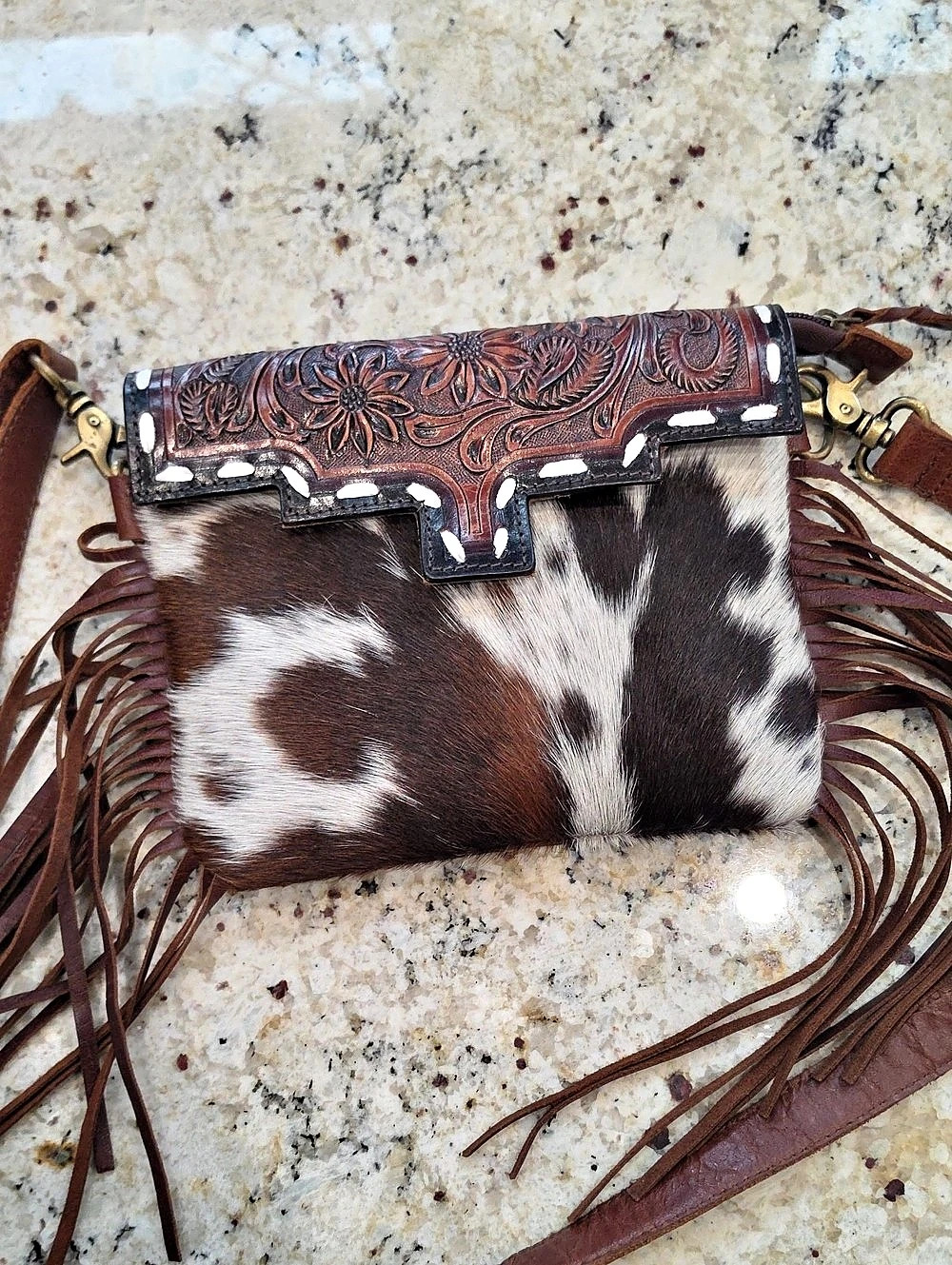 Montana West Genuine Leather Tooled Fringe Crossbody Bag Brown & White